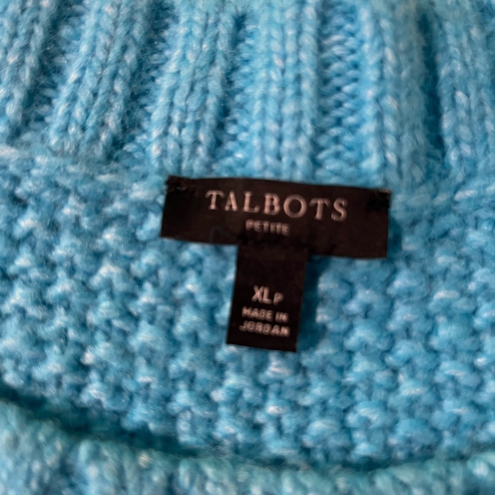 Talbots Turquoise Blue Cable Knit Pointelle Puff Sleeve Sweater - XL Petite - Picture 6 of 10